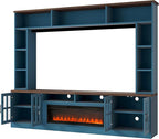 95.5" W Wall Unit Entertainment Center with Bookshelves for TVs up to 80", Modern TV Stand Media Console with Electric Fireplace Cabinets, Adjustable Shelves for Living Room (Navy Blue/F)