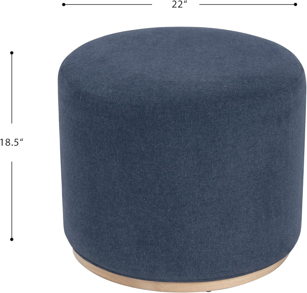 Spatial Order 22" Round Ottoman with Wooden Base - Blue Woven Fabric