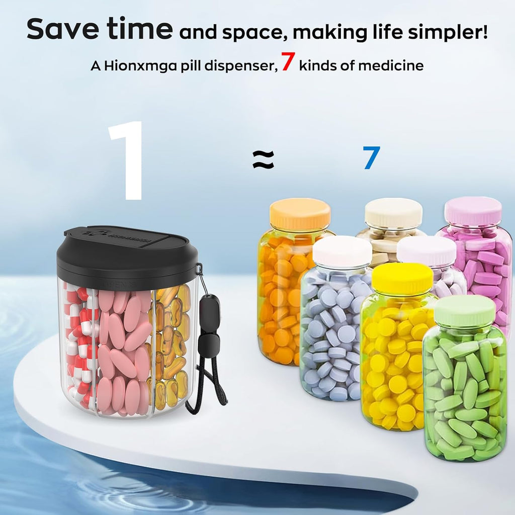 Pill Dispenser with 7 Large Compartments, 4.4" H x 3.6" Dia Pill Organizer for Travel, Supplement Organizer with Anti-Mixing Design, BPA-Free Pill Container with 20 Pcs Labels, Black 2 Pcs