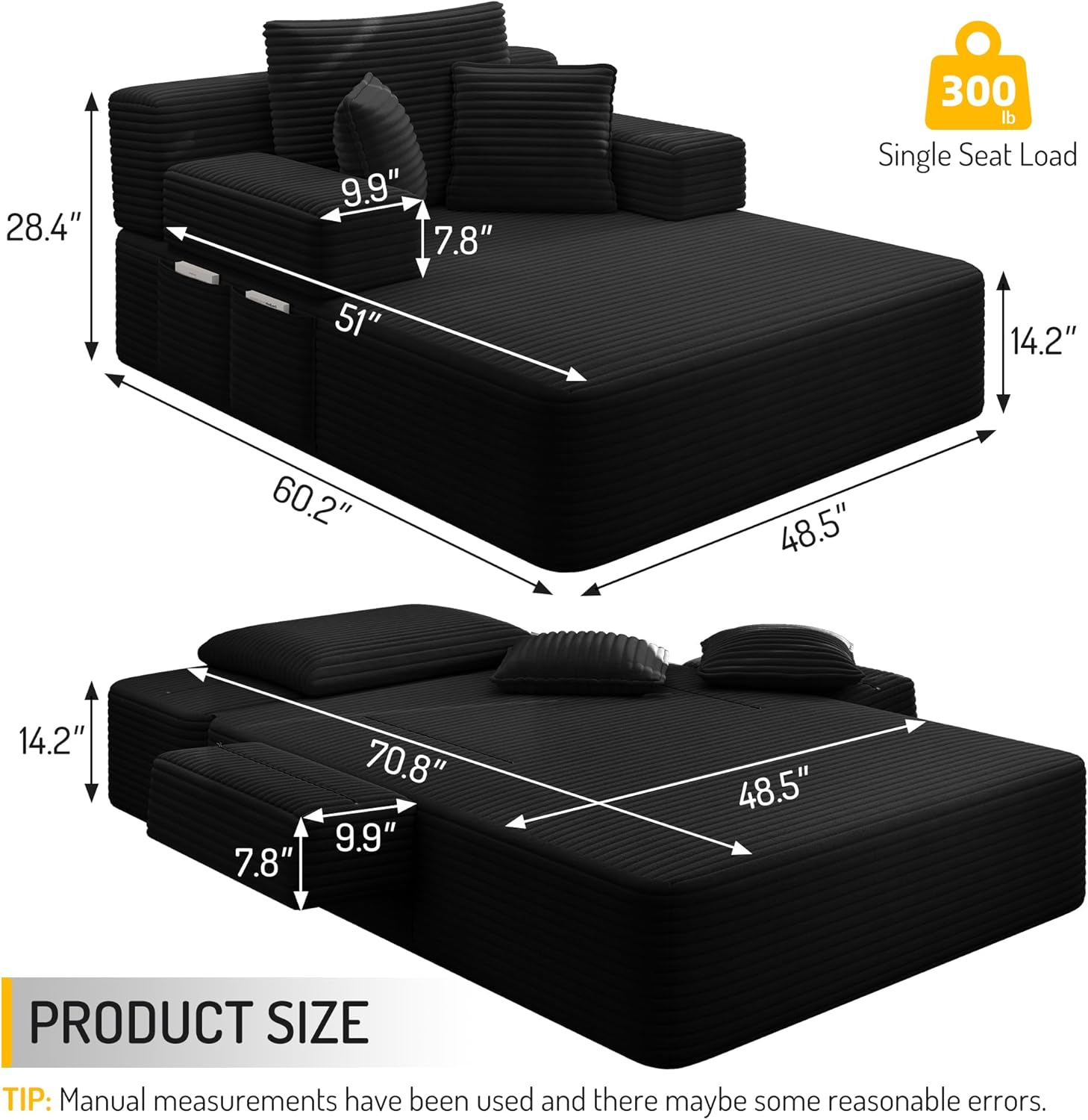 Avenix 70" Oversized Boneless Chaise Lounge Chair Indoor, Corduroy Comfy Oversized Reading Sleeper Chair Boneless Sofa Couch Bed with 3 Fluffy Pillows, No Assembly Required, Black