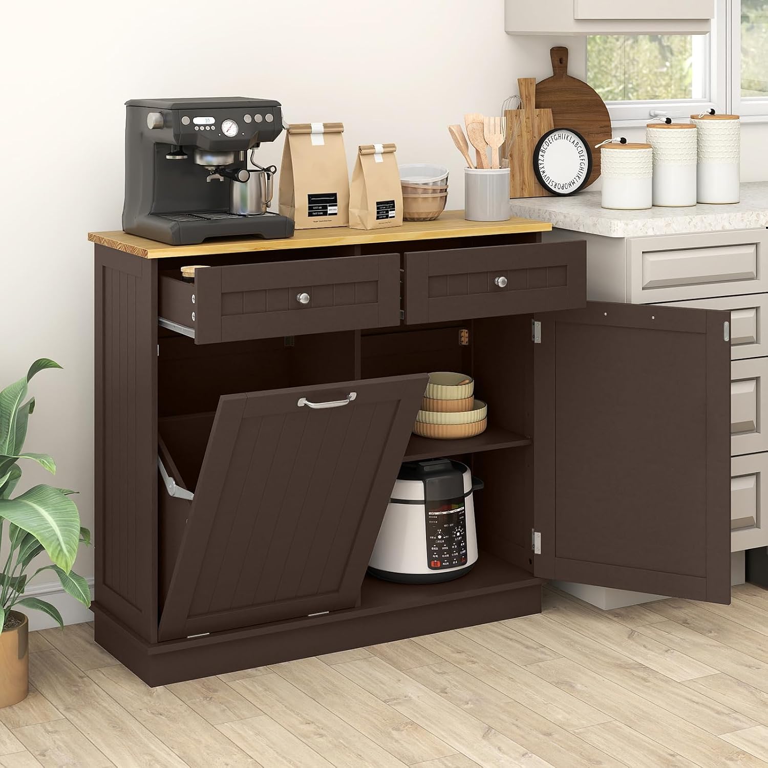 Tilt Out Trash Cabinet, Laundry Cabinet with 2 Drawers & Adjustable Shelf, Rubber Wood Counter Top, Recycle Bins for Dining Room, Kitchen (Brown)
