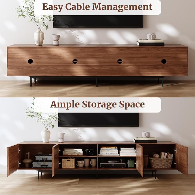 Modern Walnut TV Stand – Long Media Console with 4 Doors, Large Concealed Storage, Cable Management & Metal Legs, Contemporary Entertainment Center for Living Room (Walnut Brown, 86.6")