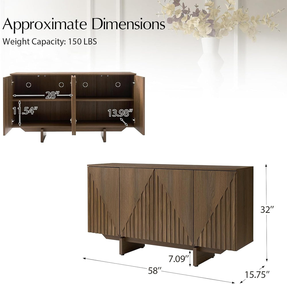 HULALA HOME Mid Century Modern Solid Wood Sideboard with Triangle, 4 Door Flu...