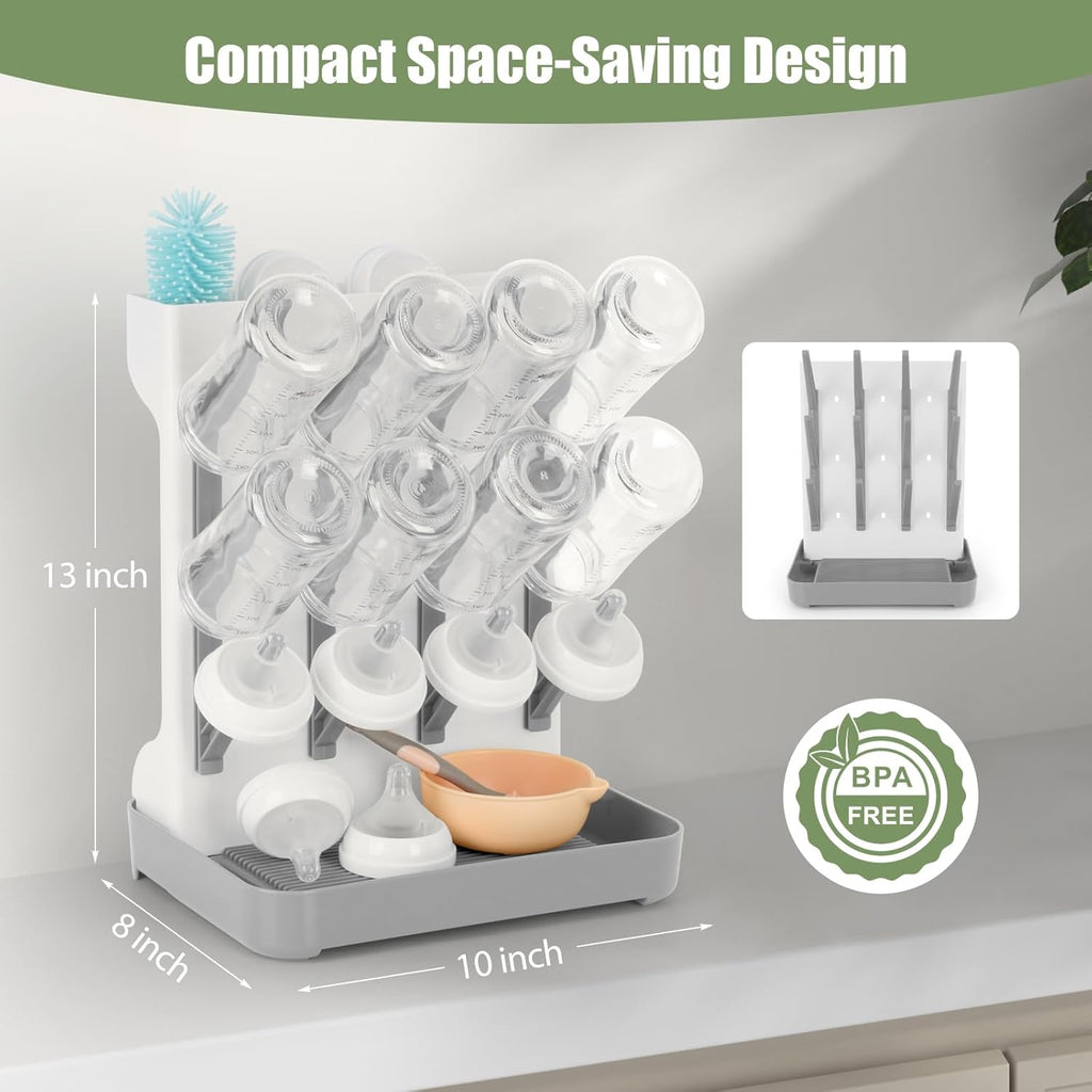 Baby Bottle Drying Rack, Space Saving Baby Bottle Organizer for Countertop, Vertical Bottle Dryer Holder with Brushes Holder, Large Bottle Storage Holder 12 Bottles & Baby Accessories Grey