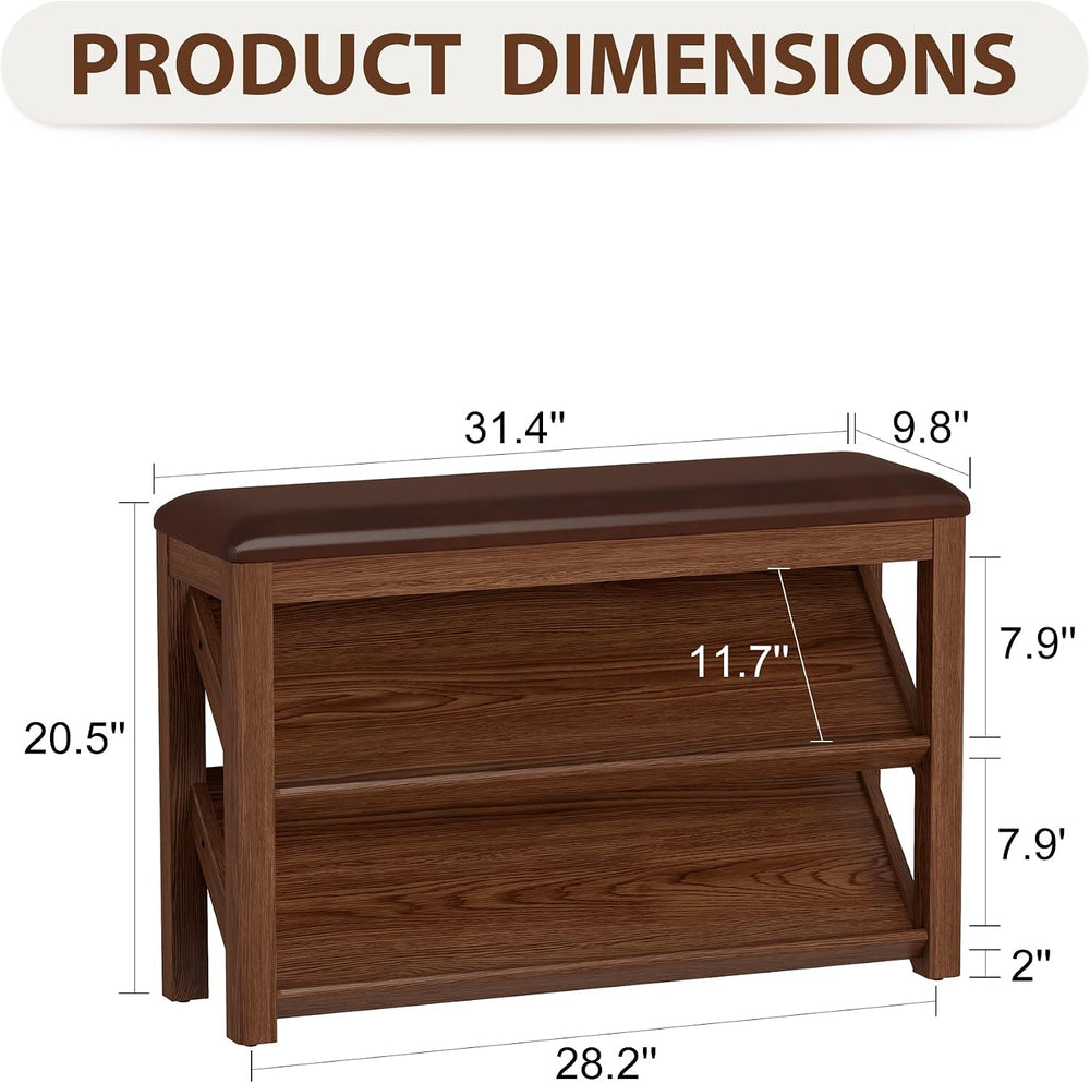 AQIMUELE Rubberwood Shoe Bench with Leather Cushion and Slanted Shelves | Sol...