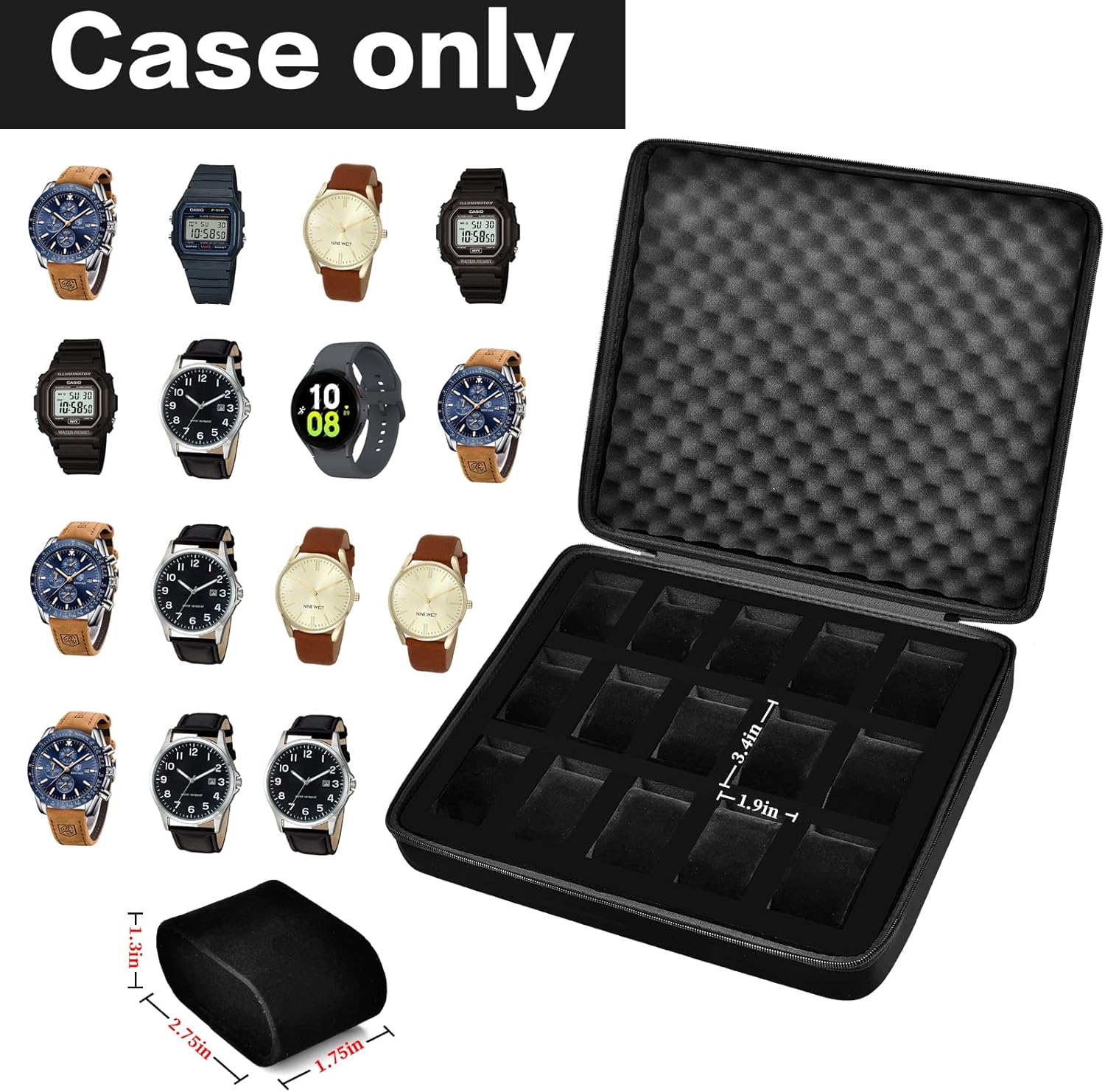 Comecase 15 Slots Watch Box Organizer/Men Watch Display Storage Case Fits All Wristwatches and Smart Watches up to 42mm - Black