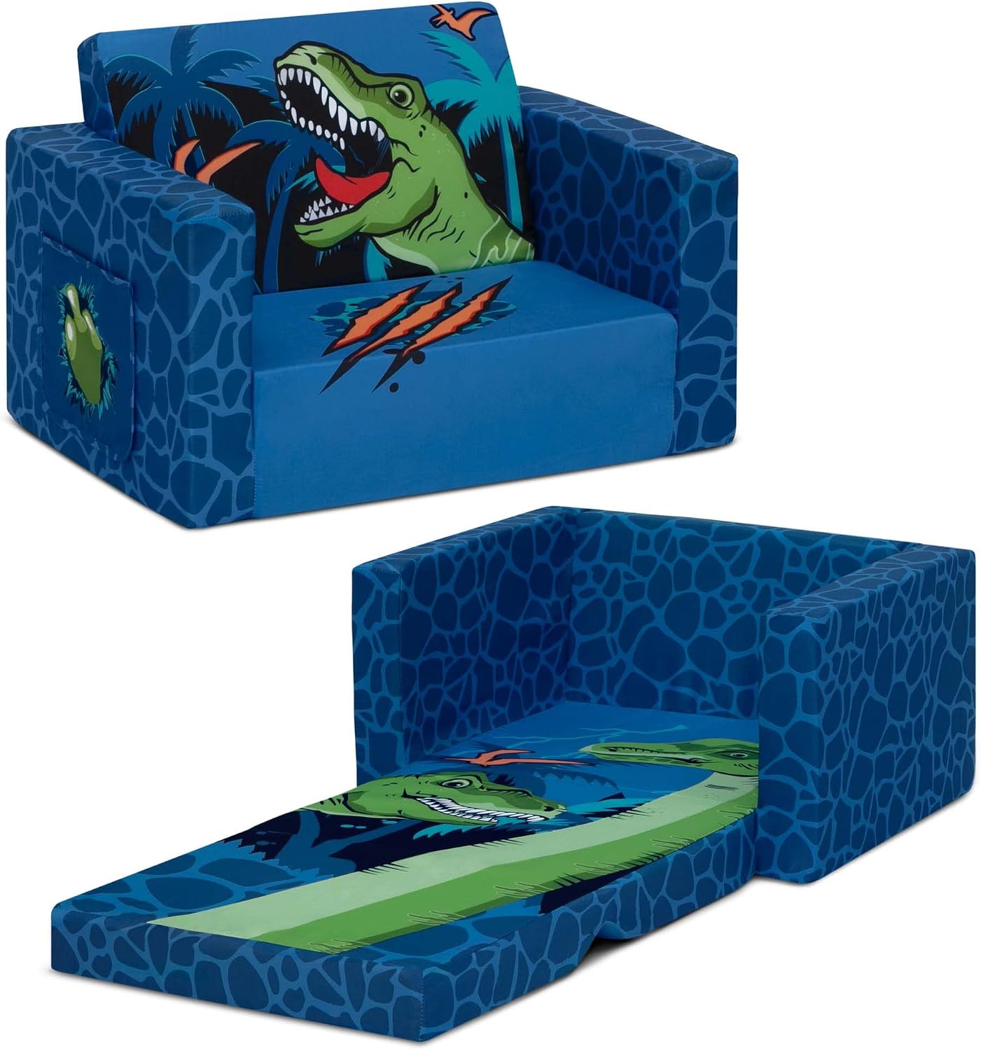 Delta Children Cozee Kids Couch 2-Seater Kids Sofa, Convertible 2-in-1 Flip Open Toddler Couch Sleeper, Foam Chair for Playroom & Bedroom, Bed Lounger, Comfy Play Sleeping Lounge Chair, Dinosaur