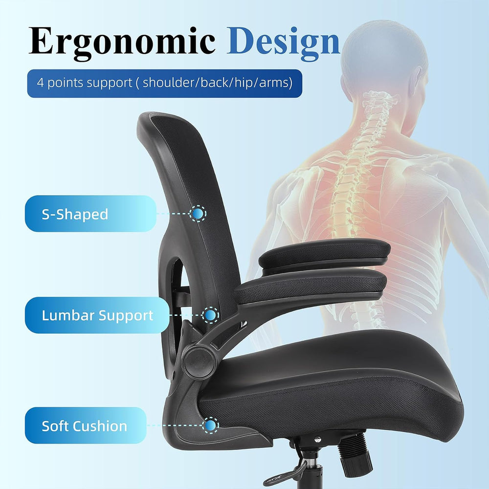 Ergonomic Office Chair, Flip-up Armrest, Mesh Back PU Leather Seat | Black Co...