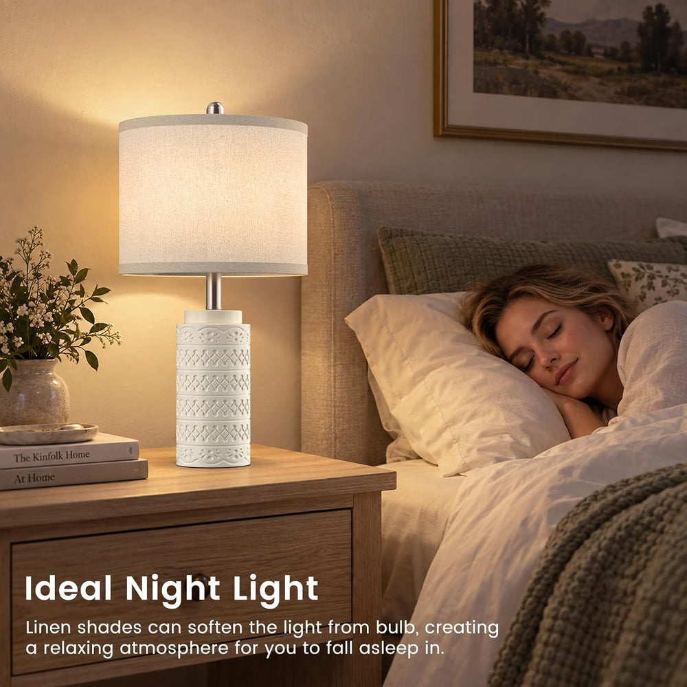 Modern Ceramic Table Lamp Set of 2 for Bedroom, White Bedside Lamp with Fabri...