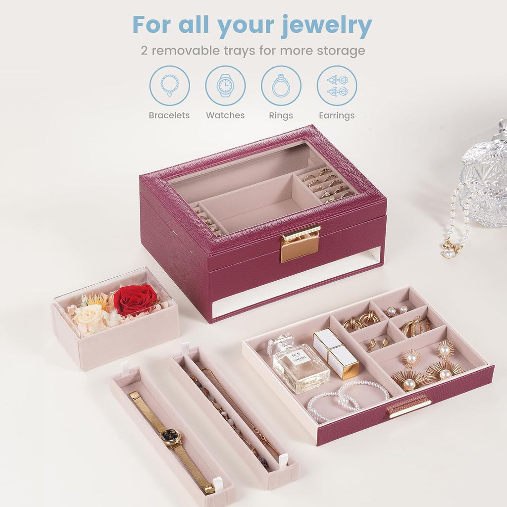 Lolalet Jewelry Organizer with Glass Lid, 2-Layer Jewelry Box Case with Drawer, Earrings Watch Ring Display Storage -Wine Red