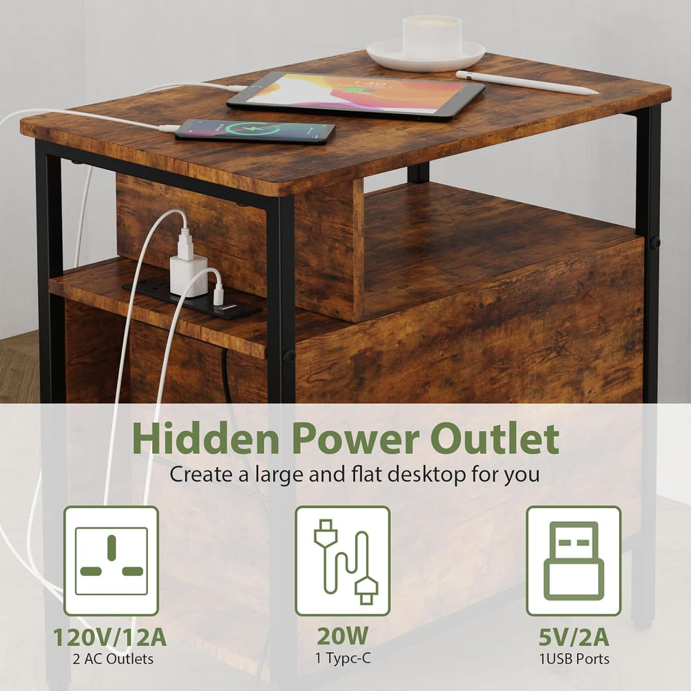 End Table with Charging Station, Narrow Side Table with 2 Fabric Drawers &amp...