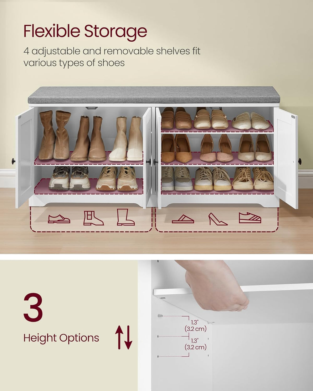 VASAGLE Shoe Storage Bench with Cushion, 3-Tier Entryway Bench with Padded Se...