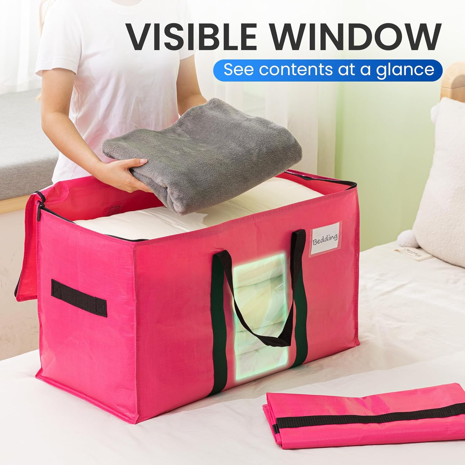 TAILI 6 Pack Pink Extra Large Moving Bags, Heavy Duty Totes with Visible Window, Wrap Around Handles, Space-Saving Storage Solution, Alternative to Moving Boxes