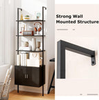 Giantex 72.5" Ladder Bookshelf with Cabinet, 5-Tier Tall Wall-Mounted Shelf w/Storage, Modern Style Kitchen Open Shelving Organizer, Heavy-Duty Metal Frame Display Rack for Living Room,Black
