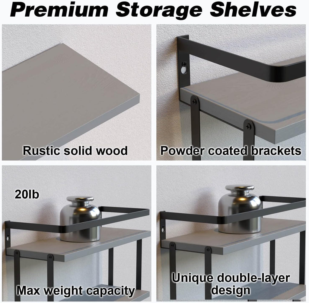 RICHER HOUSE 2+1 Tier Wall Mounted Floating Shelves Set of 2, Rustic Wood Wall Shelf with Metal Frame, Extra Storage Rack for Bathroom, Kitchen, Bedroom with Tissue Rack & Towel Bar - White Gold