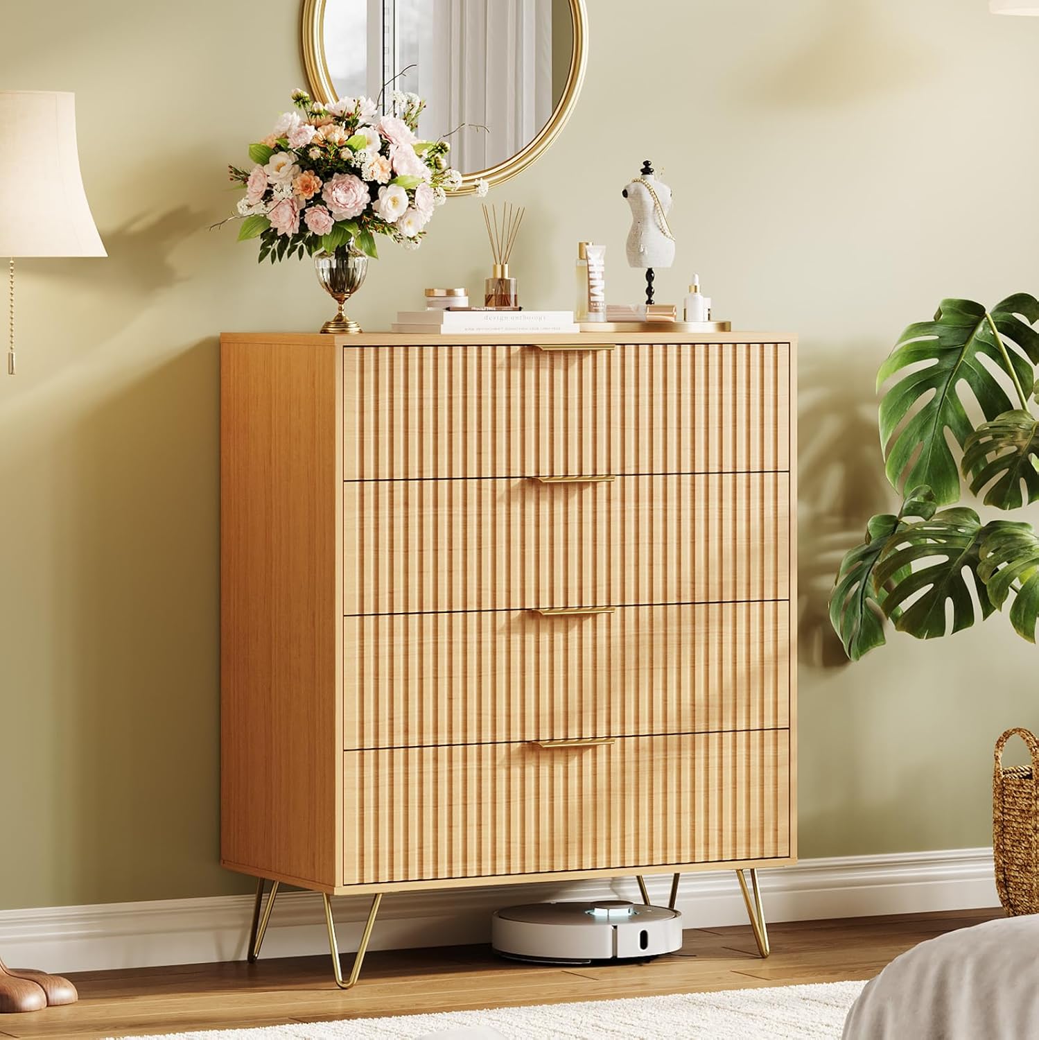 Garvee Fluted Dresser for Bedroom with 4 Drawers,32" Wide Modern Chest of Wooden Bedroom Chest with Metal Handle,Wide Clothes Storage Organizer,Closet Dresser & TV Stand for Living Room,Natura Oak