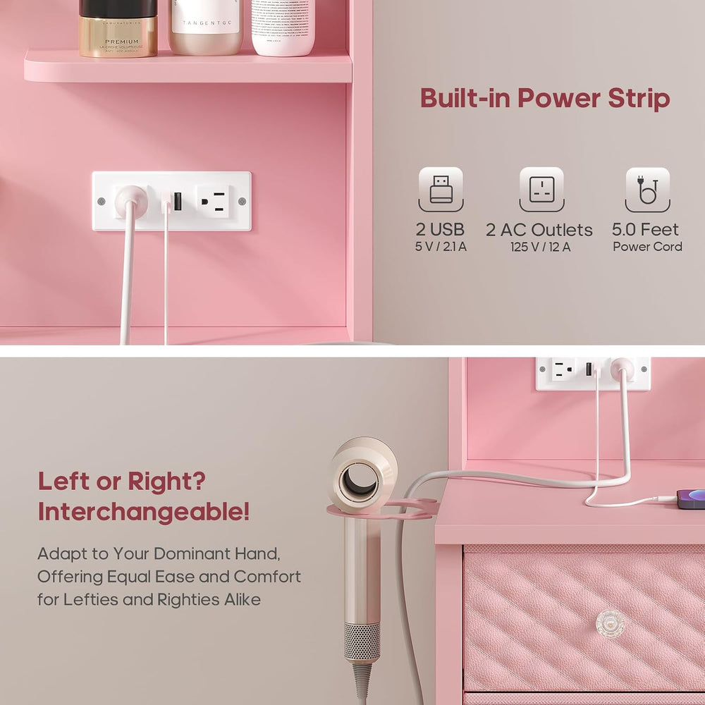 Pink Vanity Desk with Mirror and Lights, 11 Drawers, 43.3", Power Strip ...