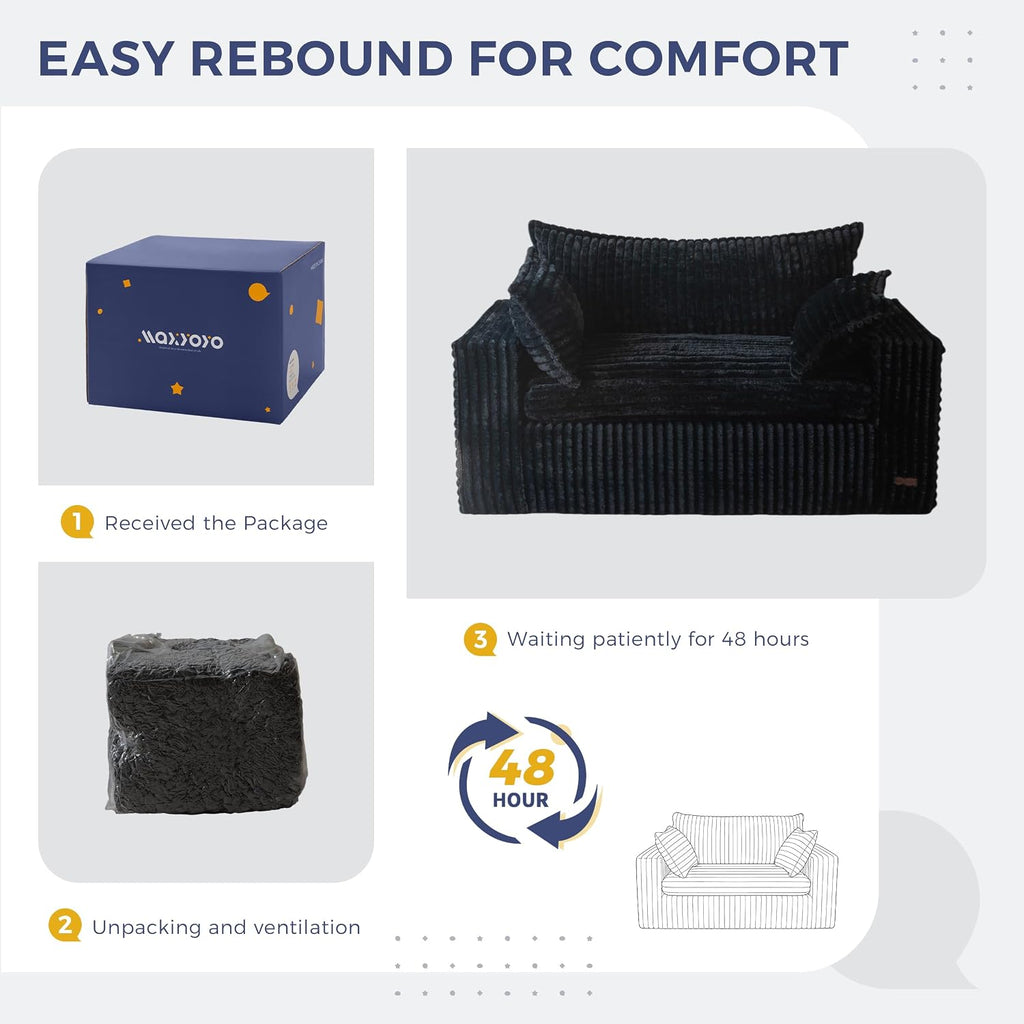 MAXYOYO Boneless Couch, 59-Inch Couch in a Box, Deep Loveseat | Foam-Filled Boneless Loveseat, Deep Seating for Two with No Assembly, Ideal for Living Rooms, Bedrooms or Apartments, Black
