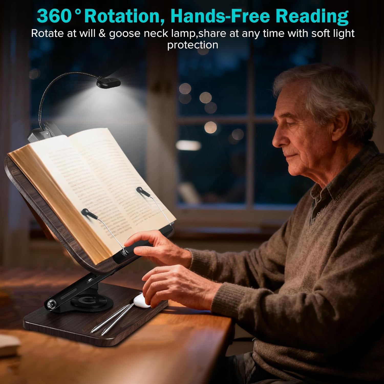 Book Stand with Light & Storage, Book Holders for Reading Hands Free, Wooden Cookbook Stand with Adjustable Height & 360 °Angle for Recipe,Magazine,Laptop,Tablet, Bible
