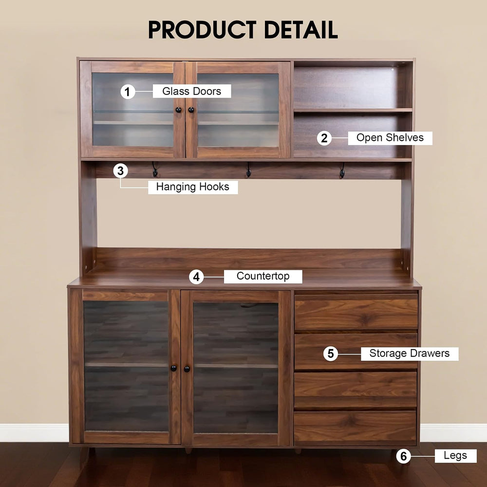 63" Large Kitchen Hutch Cabinet with 4 Doors, 4 Drawers and Microwave Sh...