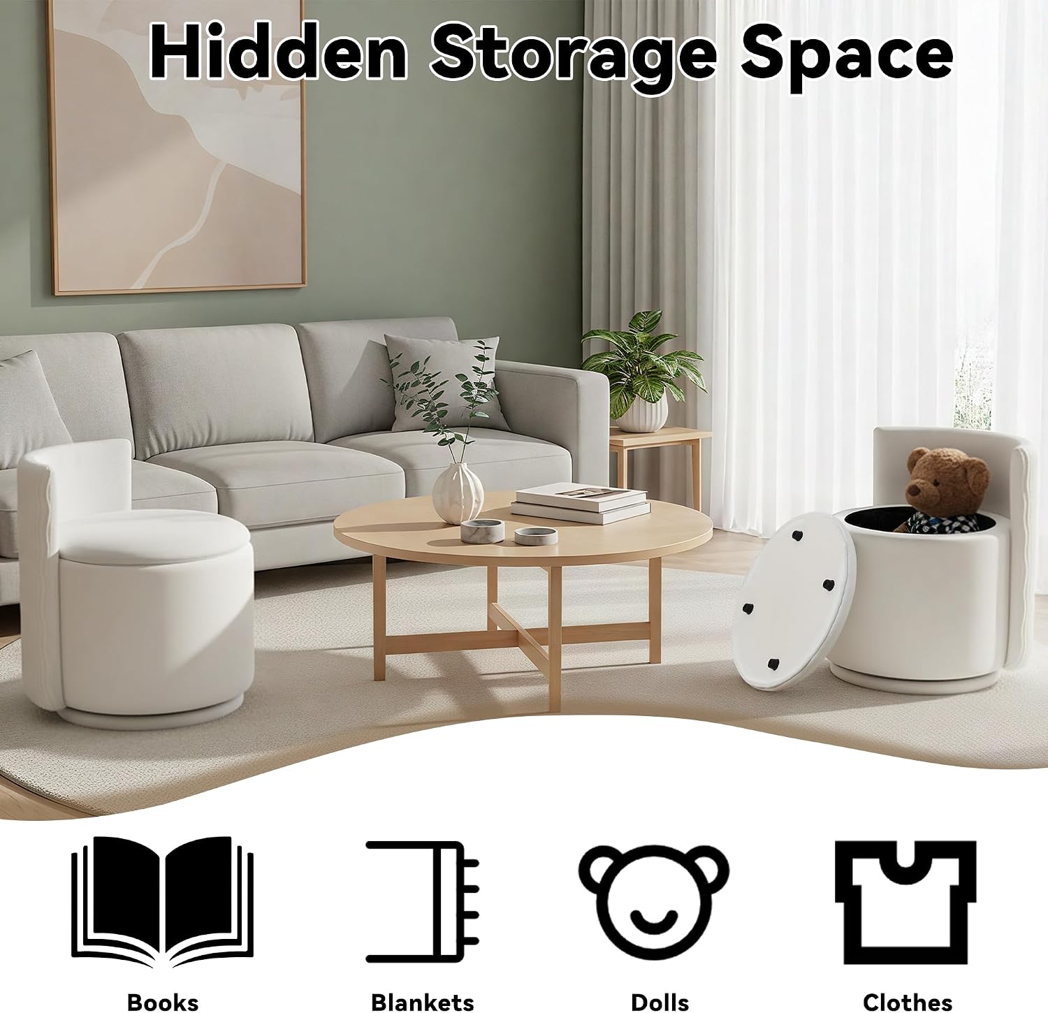 360° Swivel Velvet Vanity Chair with Storage, Barrel Makeup Chair with Wave Back, No Assembly Vanity Stool Small Accent Chairs for Living Room, White