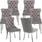 Mid Century Modern Dining Chairs Set of 6, Grey Velvet Upholstered Tufted Back, Kitchen & Dining Room Chairs, Brushed Silver Metal Legs, Nailhead Trim, Sillas para Comedor (Gray, 6 Pcs)