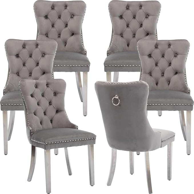 Mid Century Modern Dining Chairs Set of 6, Grey Velvet Upholstered Tufted Back, Kitchen & Dining Room Chairs, Brushed Silver Metal Legs, Nailhead Trim, Sillas para Comedor (Gray, 6 Pcs)