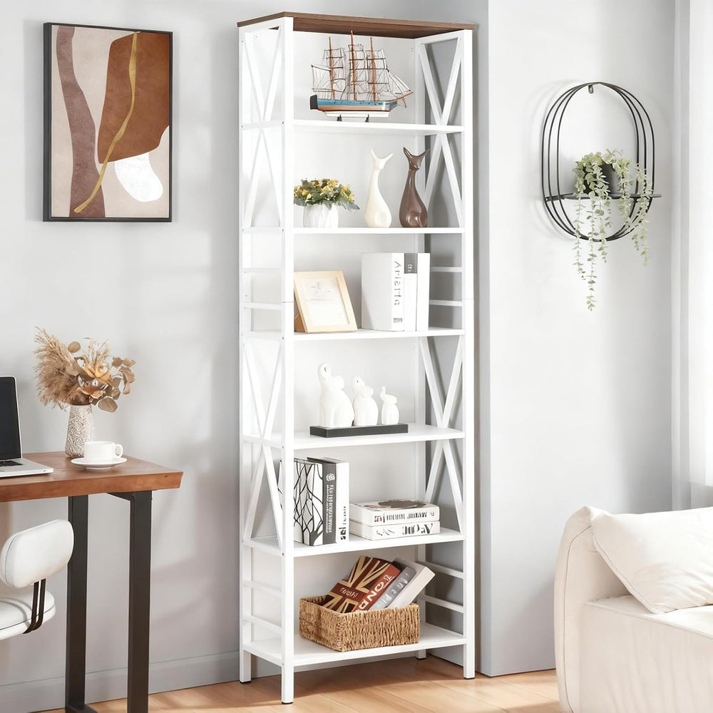 HOMISSUE Bookshelf, 7-Tier Bookshelf, Rustic Wood Metal Bookshelves and Bookc...