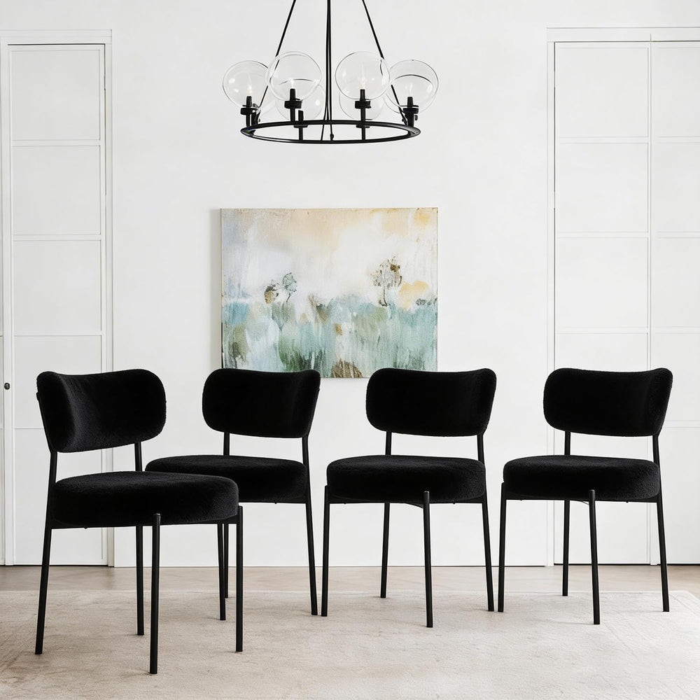 Black Boucle Dining Chairs Set of 6, Upholstered Dinner Chair with Metal Fram...
