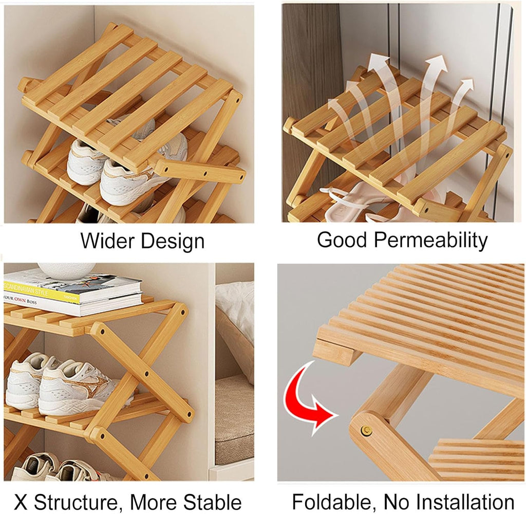 YYW Shoe Rack, Foldable Bamboo Shoes Shelf, Freestanding Shoe Storage Organiser for Entryway, Hallway, Bedroom, Closet (Brown, 3 Layers)
