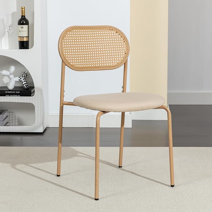COSVALVE Boho Dining Table Chairs Set of 6, Tempered Glass Tabletop with Rattan Decor, Upholstered Cane Dining Chair with Rattan Back Metal Legs, for Dinner Living Room Reception