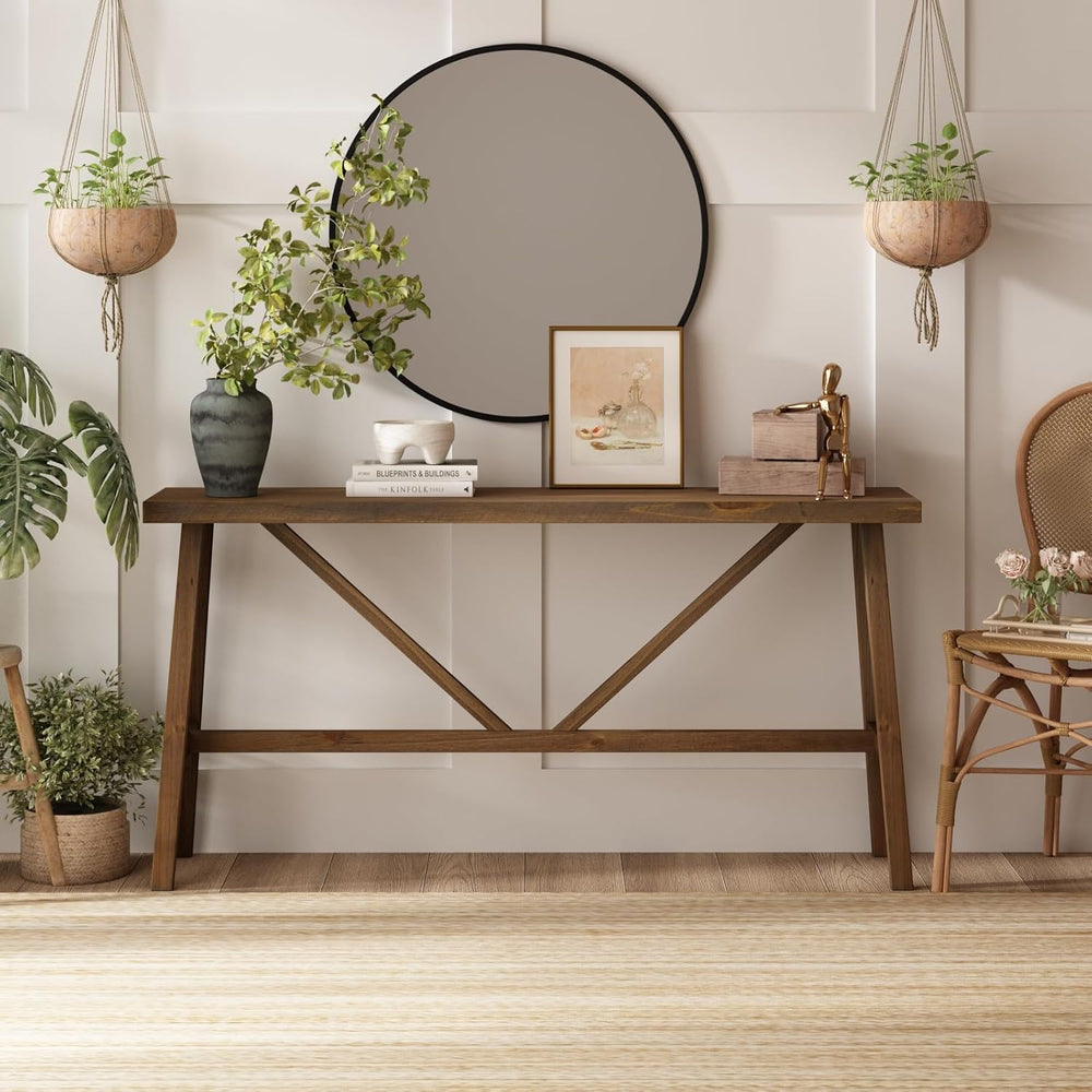 Wnutrees 63" Farmhouse Solid Wood Console Table, Rustic Hallway Table | ...
