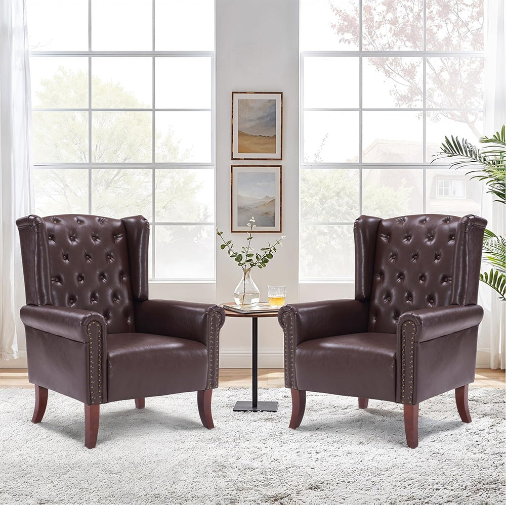 Modern Accent Chair Set of 2, Mid-Century Faux Leather Armchair Upholstered C...
