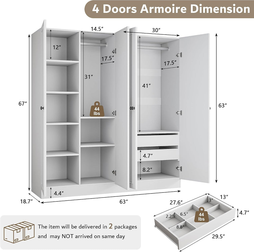 iPormis 4 Doors Armoire Wardrobe Closet with 2 Drawers, 63" Large Wardro...