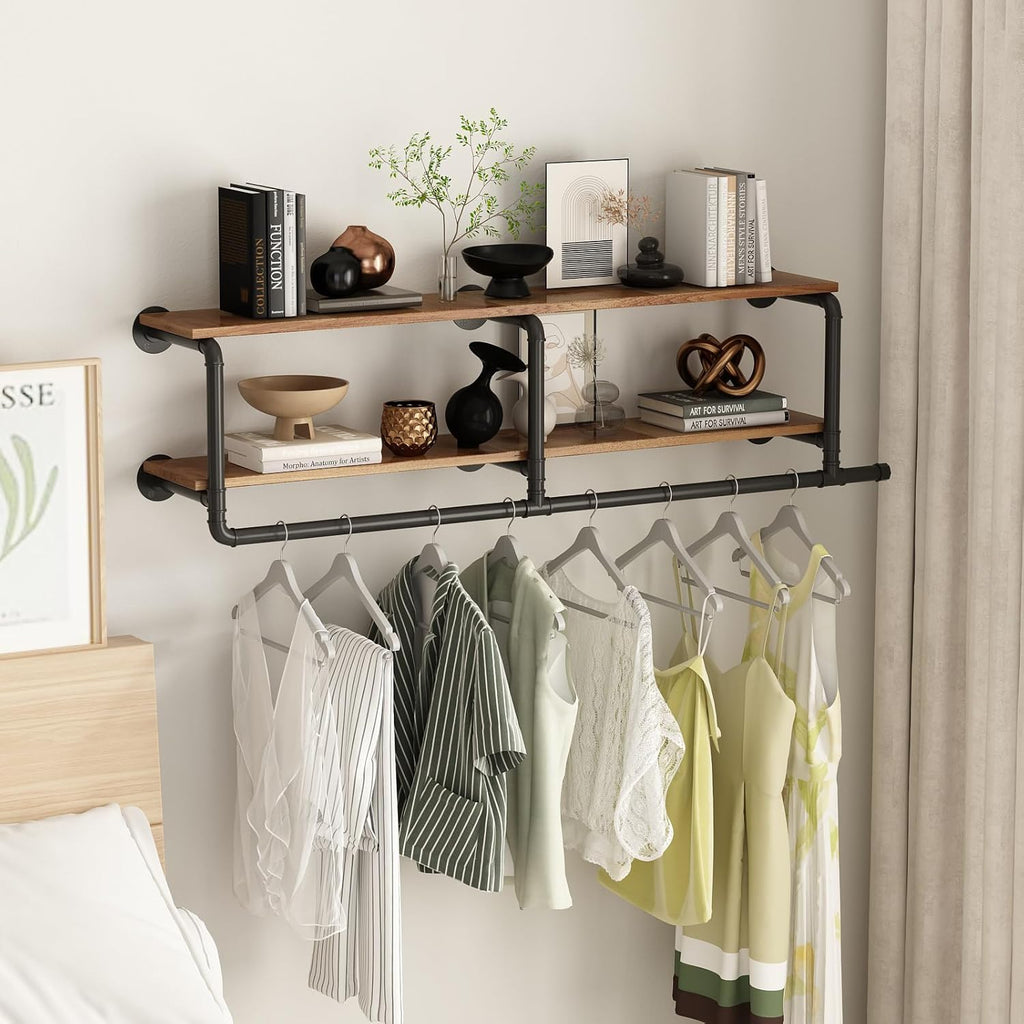 ORSENIGO Industrial Pipe Clothing Rack with Shelves, Black Wall Mounted Clothes Rack Heavy Duty Display Garment Rack for Home Retail