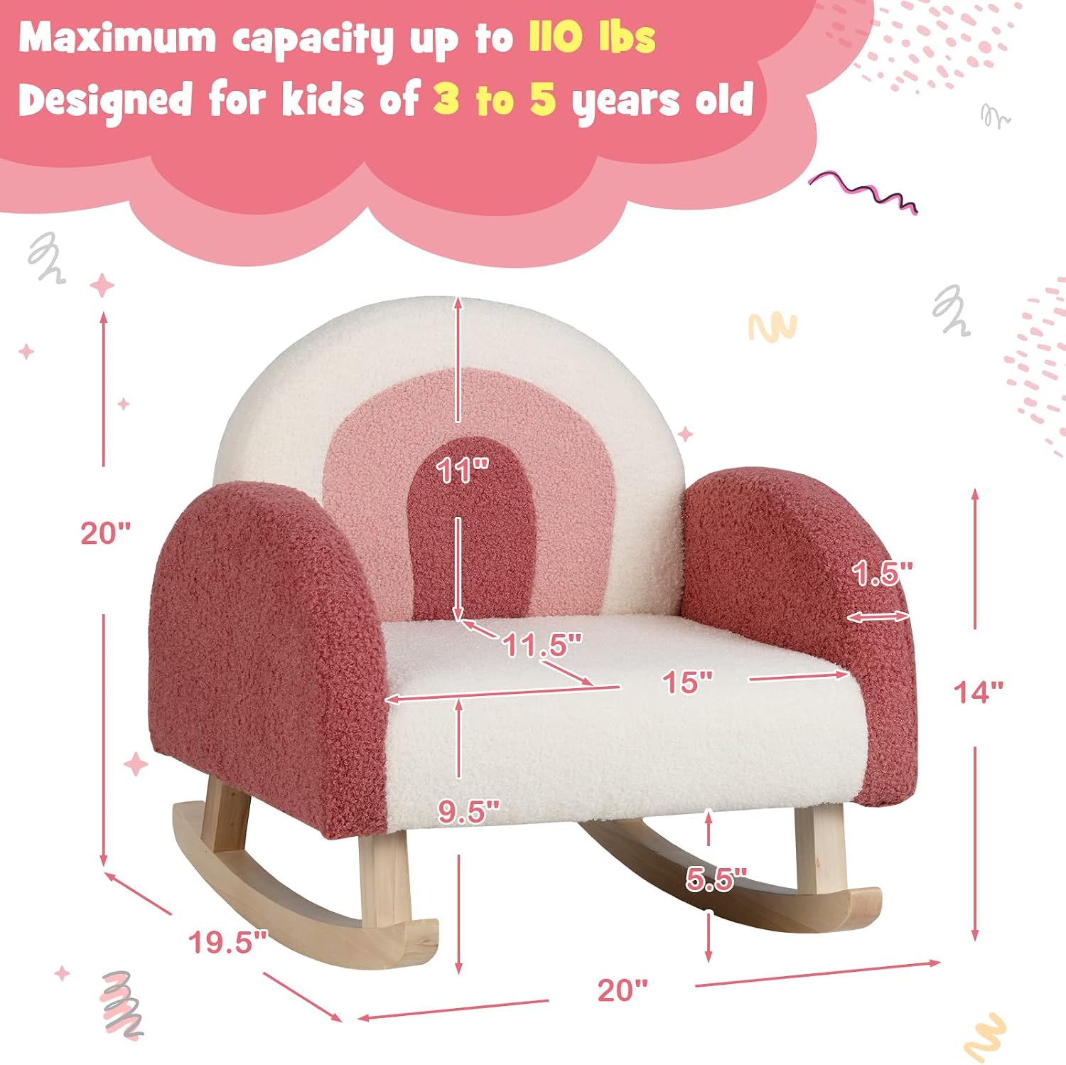 Honey Joy Toddler Rocking Chair, Kids Rocker with Solid Wood Frame & Plush Fabric, Anti-Tipping Design, Toddler Couch for Kids Room, Playroom, Nursery, Bedroom (Red)