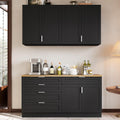 Timechee Large Kitchen Pantry Storage Cabinet Set with Wall Cupboard, Freestanding Food Pantry Cabinet for Kitchen with 6 Doors & 5 Drawers, Sideboards with Storage for Living Room, Black, 63" W