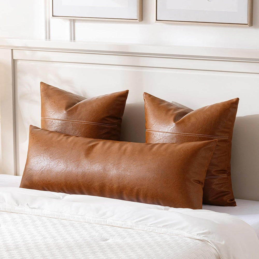 Fancy Homi Brown Boho Long Lumbar Faux Leather Body Decorative Throw Pillow C...