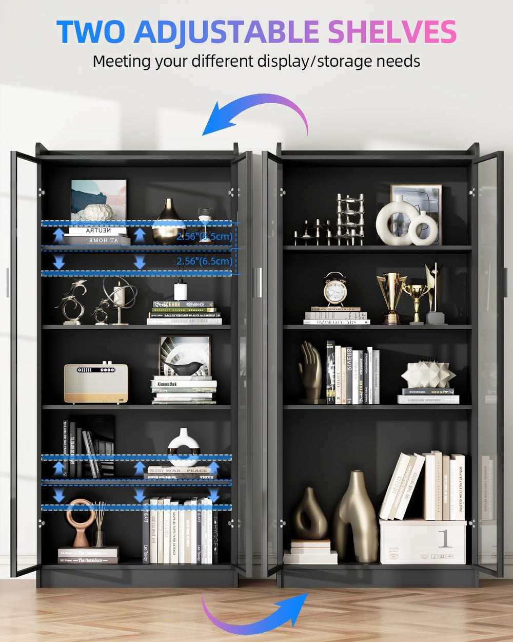 Dystler 65" Display Cabinet with Glass Doors, 5-Tier Curio Cabinet with ...