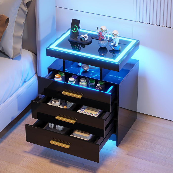 HNEBC Black Nightstand with 3 Drawers& Wireless Charging Station&LED Lights | Smart Bedside table with USB -C Port,3-Color Dimmable Light,Motion Sensor,Glass Top,Higt-Gloss for Bedroom,Ideal Home Decor