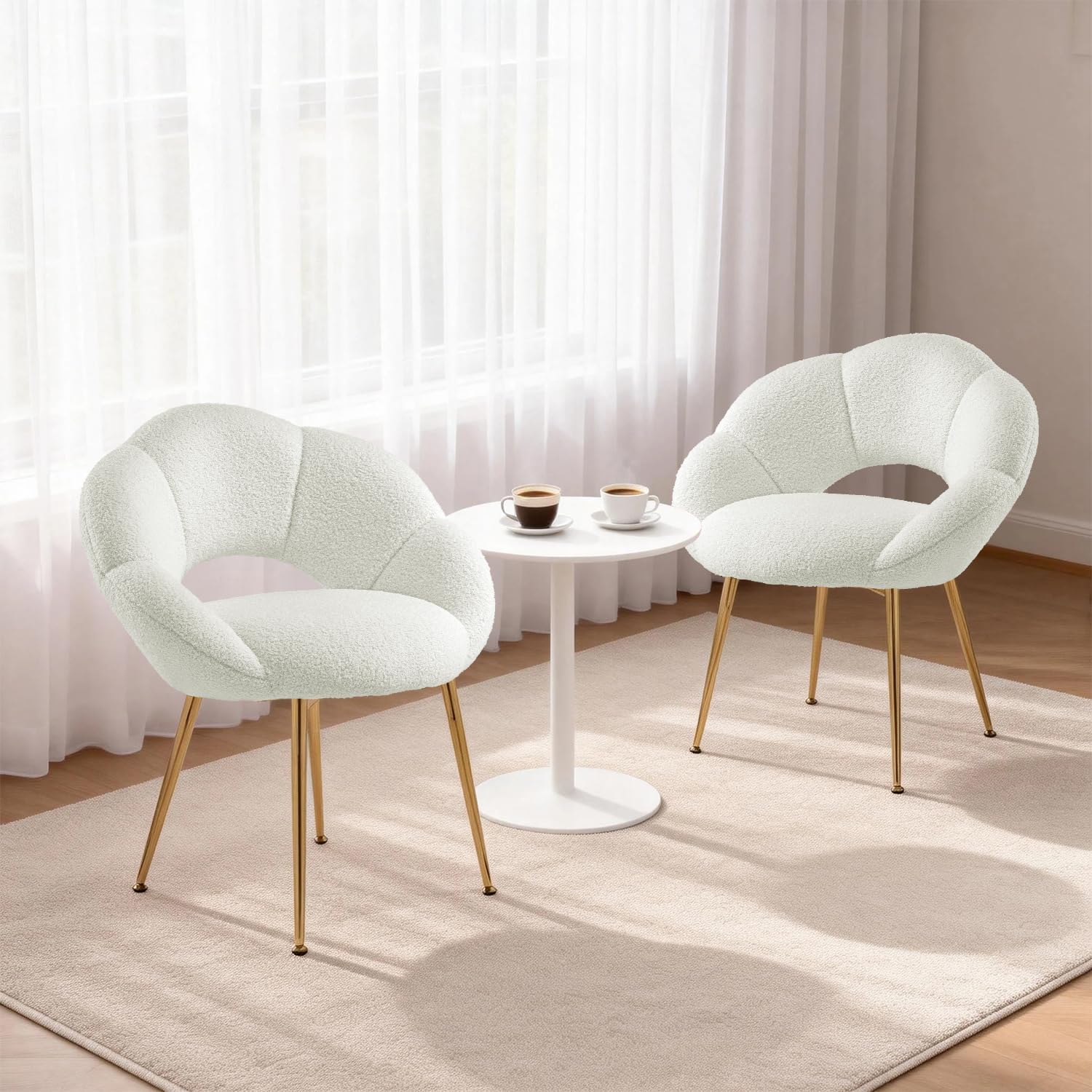 Petal Makeup Vanity Chair with Back,Modern Dining Chair,Upholstered Desk Chair for Girls with Gold Metal Legs for Home Office,Bedroom, (White)