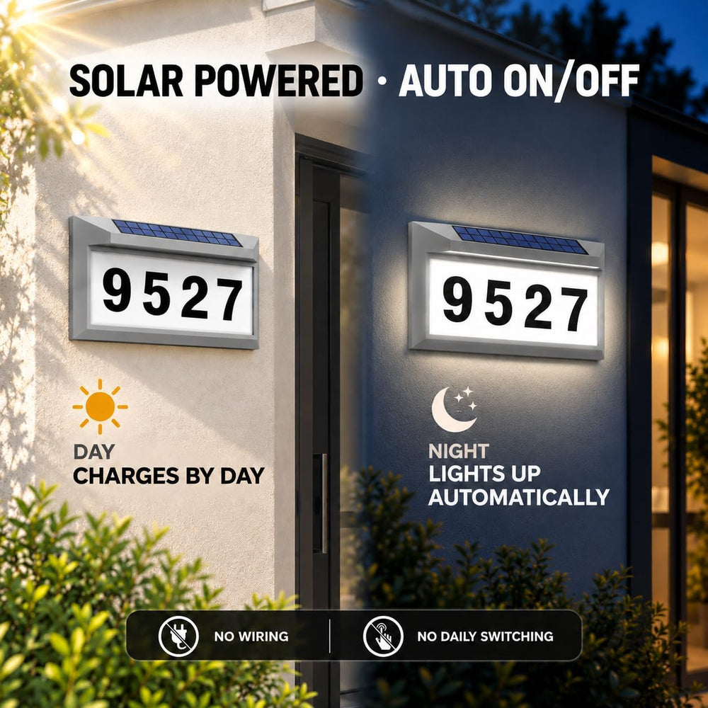 Solar Address Sign, Lighted House Numbers Outside, Gray Illuminated Plaque