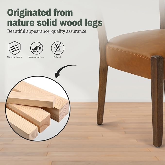 Modern Dining Chairs Set of 8, Faux Leather Upholstered Kitchen & Dining Room Chairs, Mid Century Modern Wooden Dining Chairs Oversized Sturdy Rounded Chairs Curved Back, Brown