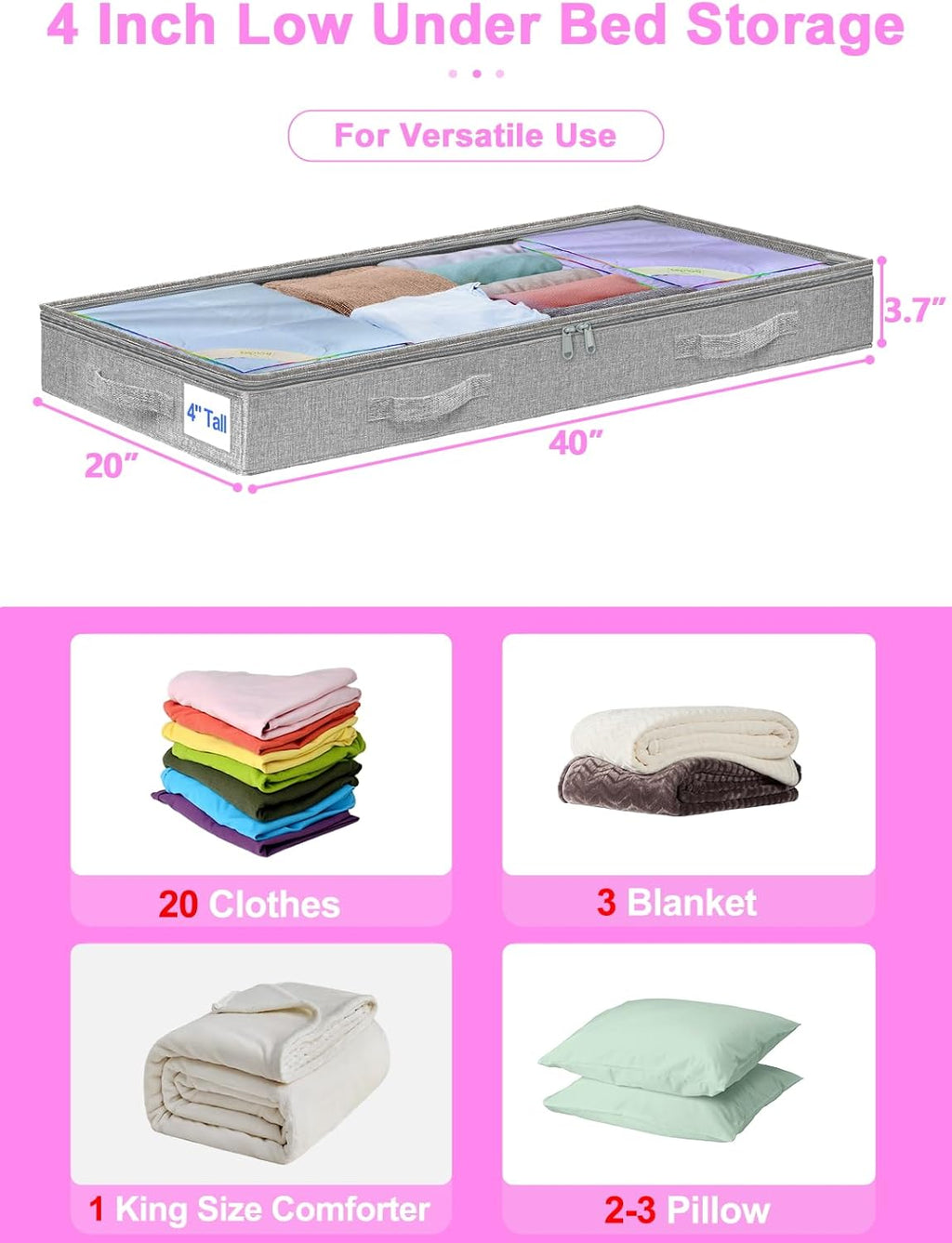 punemi Under Bed Storage Containers, Below 4 Inches Tall Low Profile Underbed Storage, NO STRUCTURE, Soft Foldable Underbed Cloth Storage Bags, Zipper Blanket Storage Container, 2Pack, 20x40x3.7in