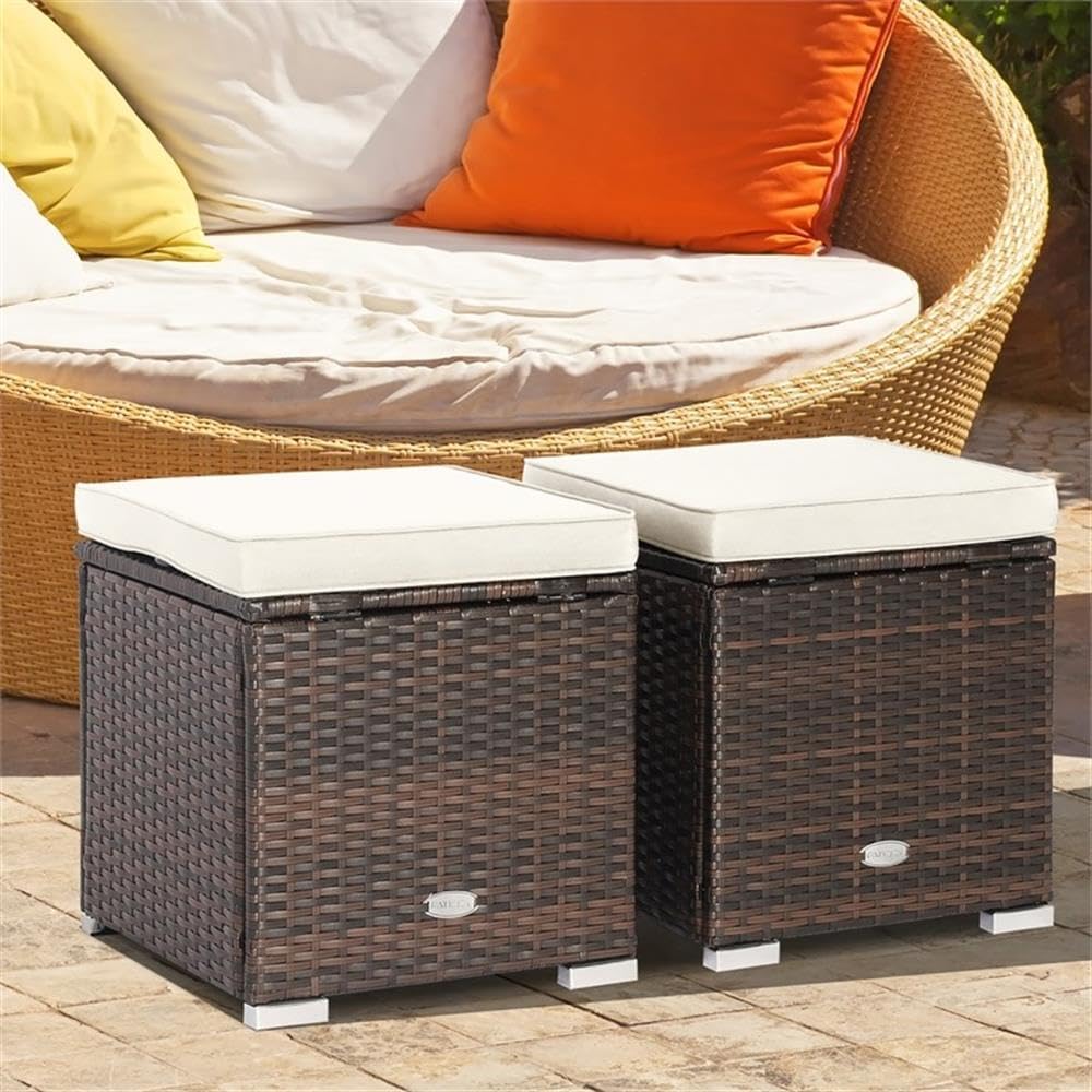 Pemberly Row 2PCS Patio Rattan Ottoman Seat with Storage, Off White, Durable ...