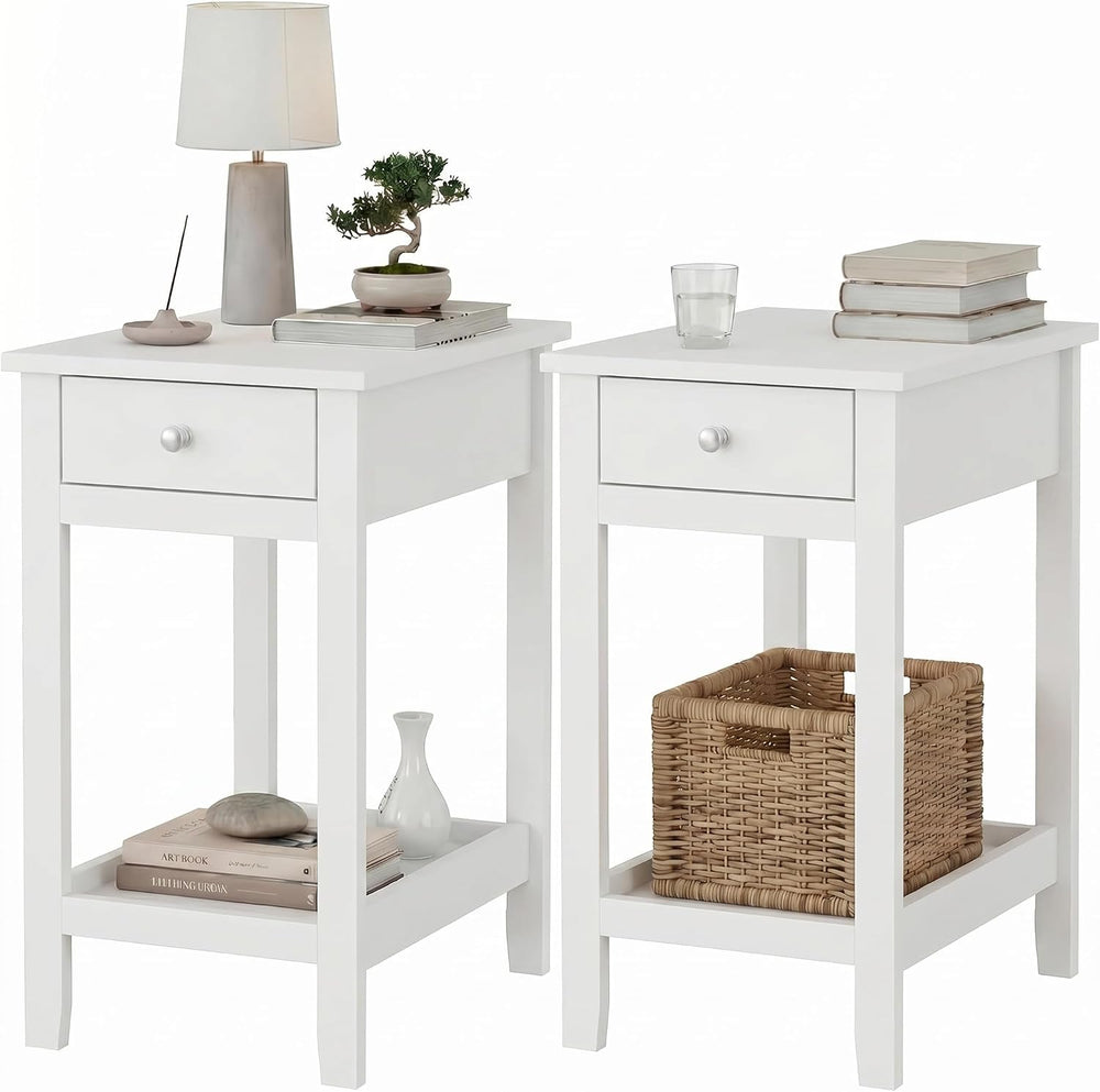 SEJOV End Table Set of 2, Narrow Night Stand with Drawer and Shelves, 2-Tier ...