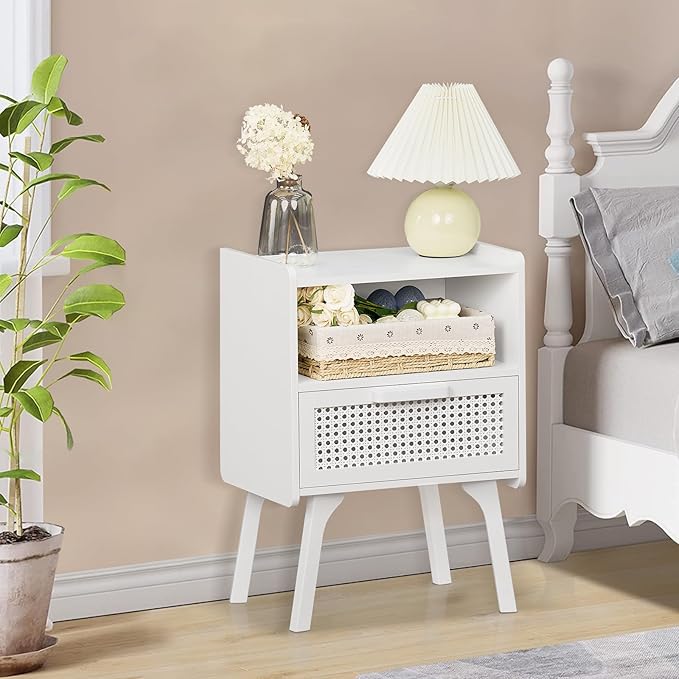 Lerliuo Rattan Nightstands Set of 2, Side Table with Drawer Open Shelf, Cane ...