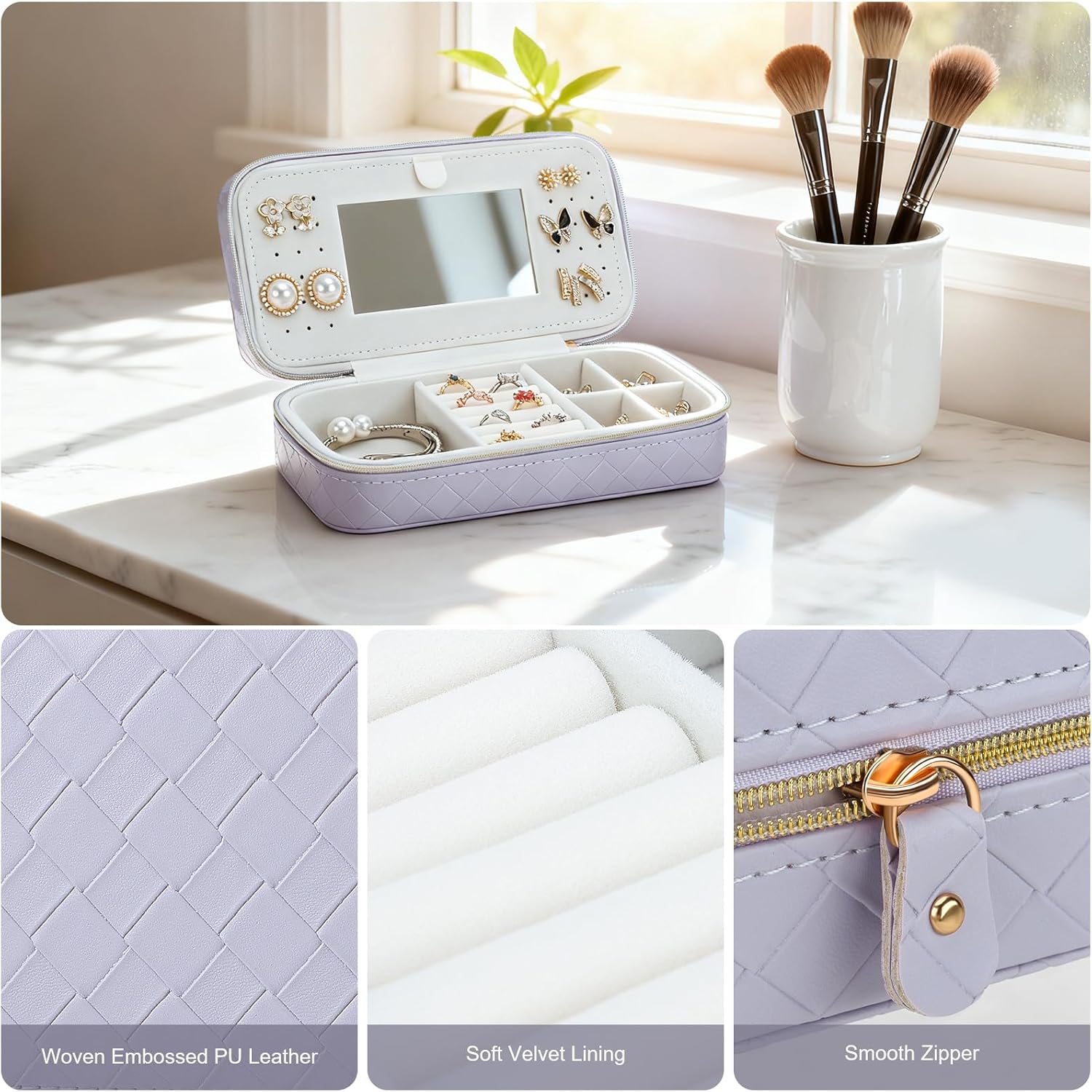 DesignSter Jewelry Organizer, Small Portable Travel Jewelry Storage for Women, Woven Embossed PU Jewelry Case with Mirror for Ring Earring Necklace Bracelet
