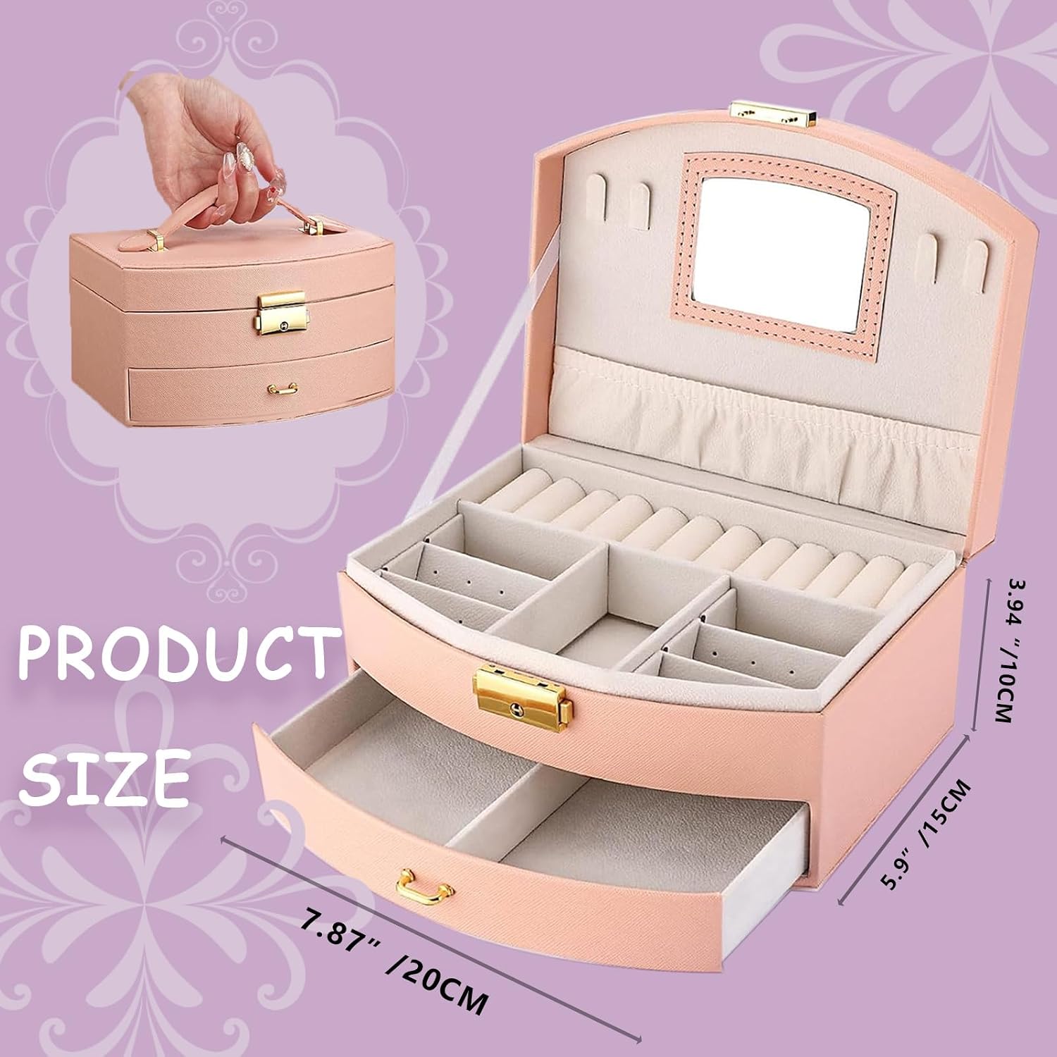 Princess Jewelry Box for Girls with Hair Accessories,Girls Hair Clips Bows Set, Fashion Hair Styling Kit with Mirror,Pink Sparkle Trinket Box Includes Hair Clips