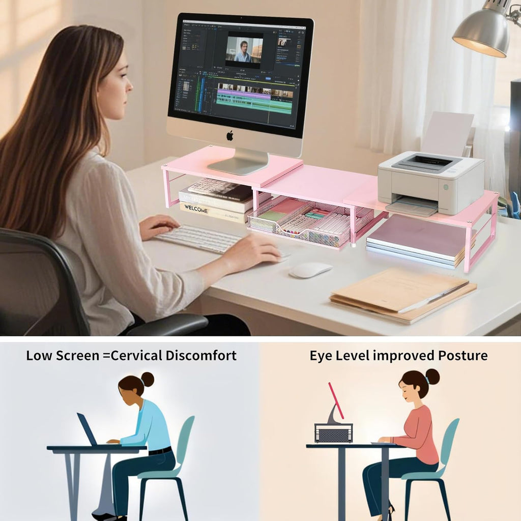 OPNICE Dual Monitor Stand Riser, Desk Organizer with Drawer, Office Desk Organizers and Accessories, Office Workspace Organization Computer Monitor Stand for Laptop, Printer, TV（Pink）